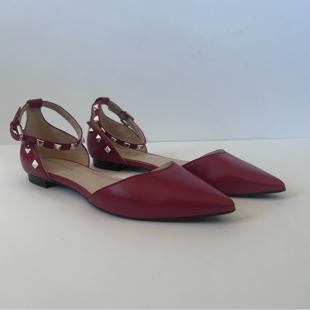 Marc Fisher Red Leather Abbale Studded Ankle Strap Flats Shoes Size 8